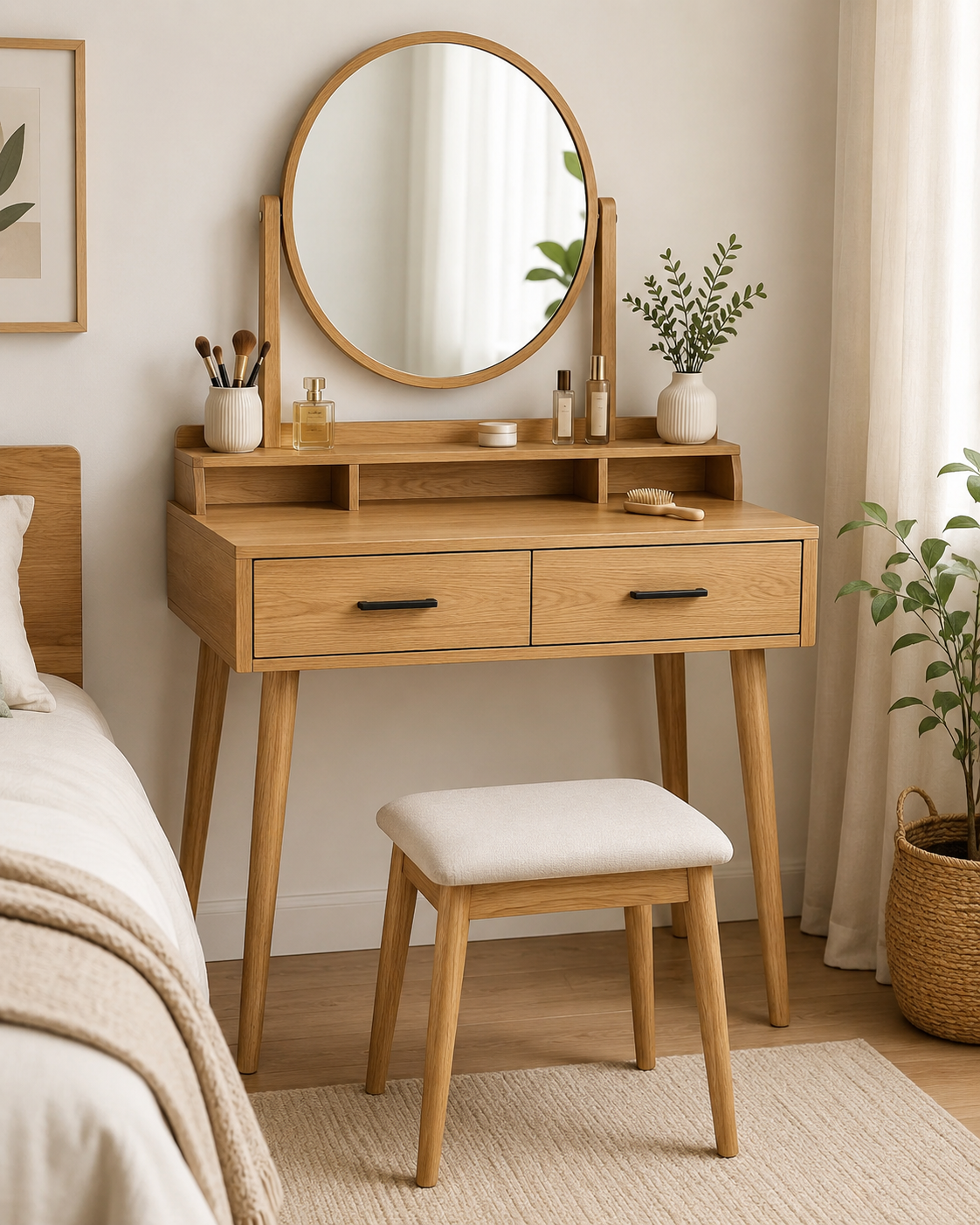 Wooden Dressing Table with Round Mirror And Storage