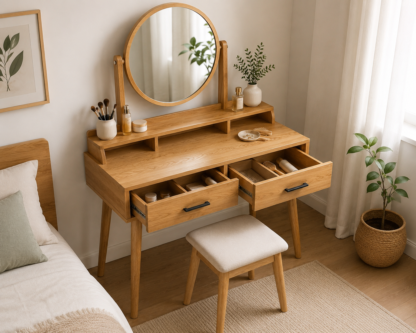 Wooden Dressing Table with Round Mirror And Storage