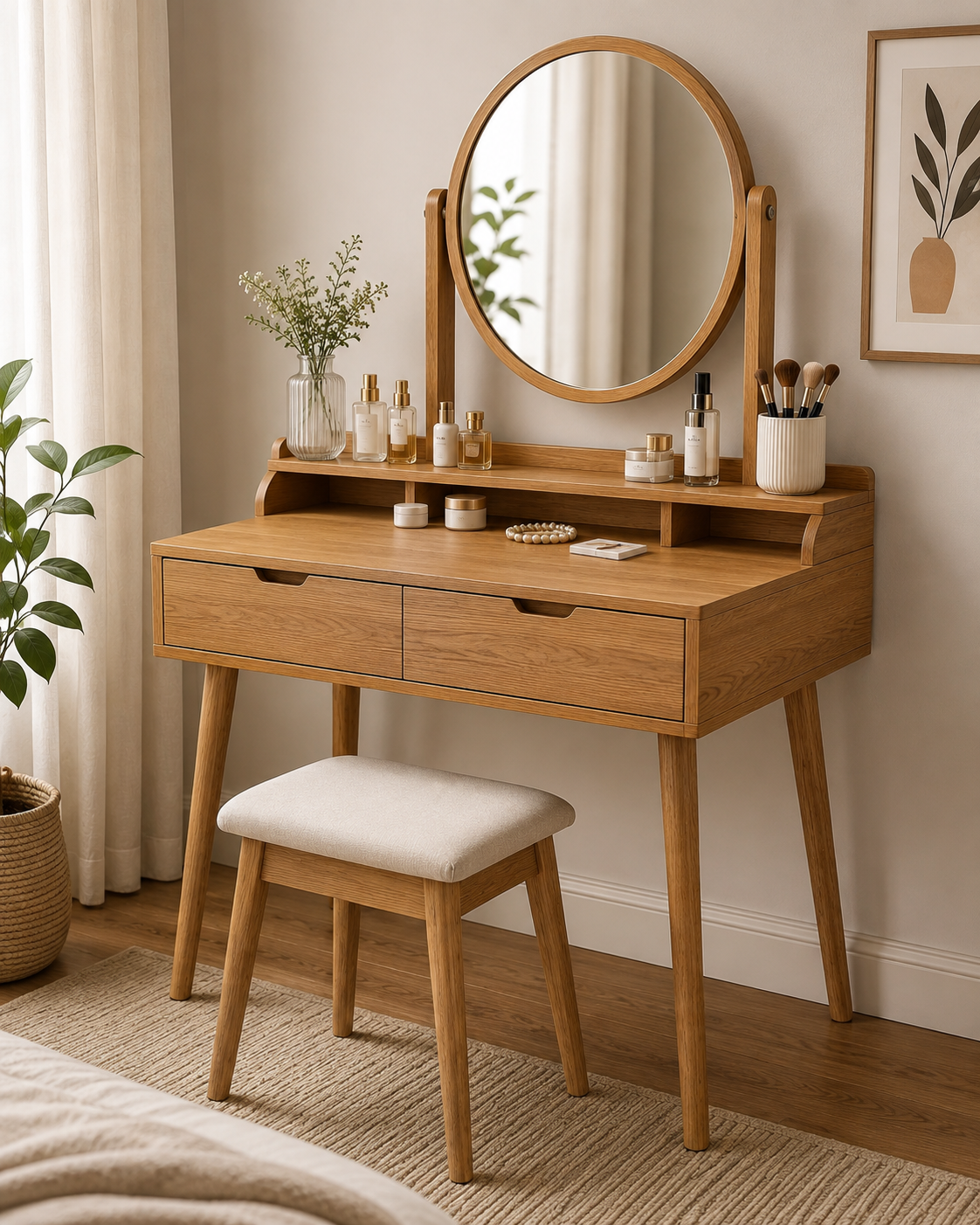 Wooden Dressing Table with Round Mirror And Storage